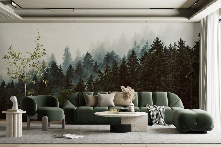 Mural în verde închis și alb dens Dark Forest in Mist - imaginea produsului principal