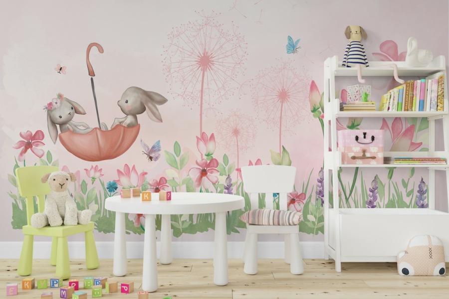 Wall mural cu flori și iepurași fericiți Pink Meadow pentru copii - imaginea produsului principal