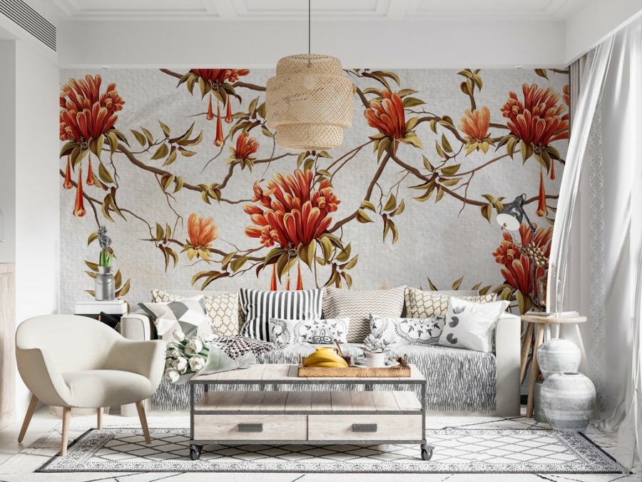 Wall mural cu flori mari pe tot peretele Red Tree Buds - imaginea produsului principal