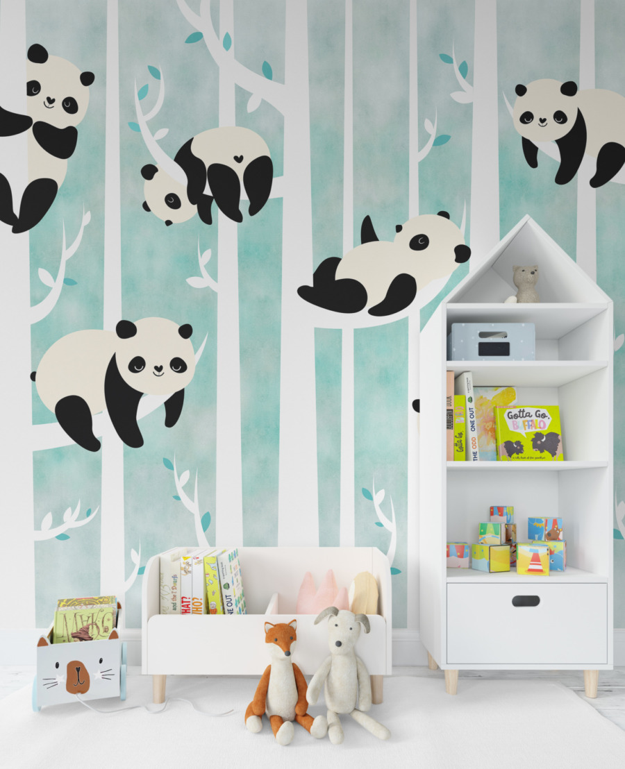 Tablou mural în nuanțe de alb, negru și albastru cu personajul vesel Bamboo Bears pentru camera copiilor - imaginea produsului principal