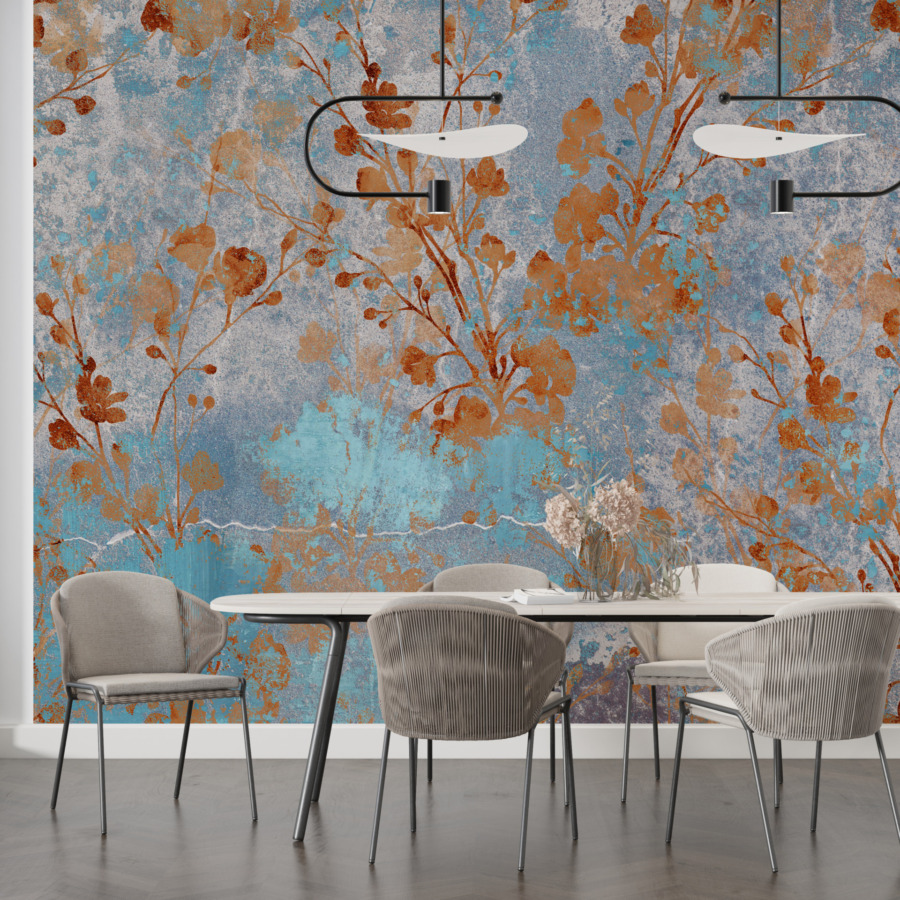 Tablou mural în stil boho cu motive florale Flori pe un perete albastru - imaginea produsului principal