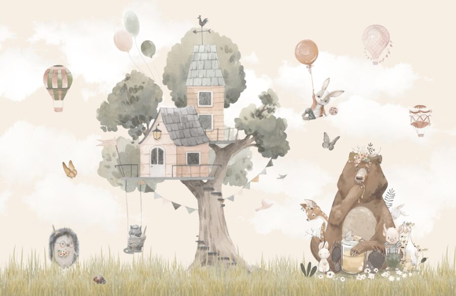 Pictură murală de perete sub forma unei ilustrații a unei scene de basm în culori potrivite pentru o cameră de copii Tree House For Kids - imaginea numărul 2