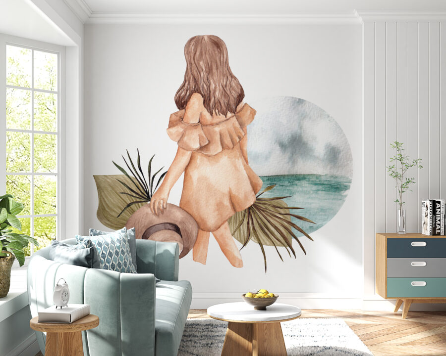 Pictură murală sub forma unui desen într-o atmosferă de vacanță sub forma unui portret în culori vii Girl by the Sea - imaginea produsului principal