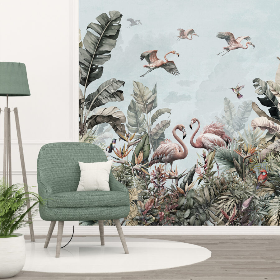 Pictură murală de perete în jungla exotică, motiv de viață sălbatică pe Flamingo in the Tropics - imaginea produsului principal