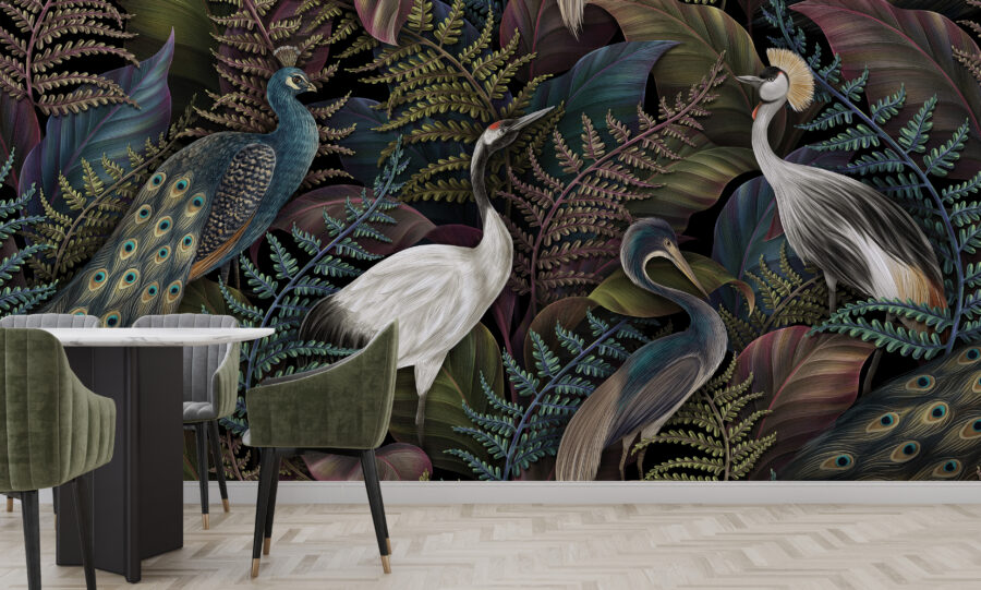 Exotic peisaj mural în tonuri întunecate, elegant și expresiv Royal Birds - imaginea produsului principal