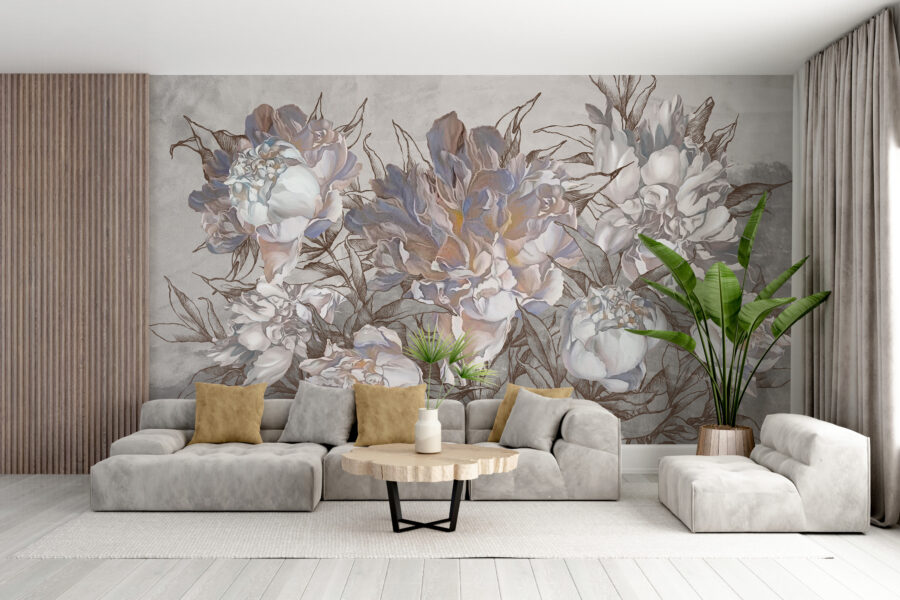 Mural în culori discrete cu un motiv floral universal, eleganță și atemporalitate într-o formă modernă Buchet de trandafiri albi - imaginea principală a produsului