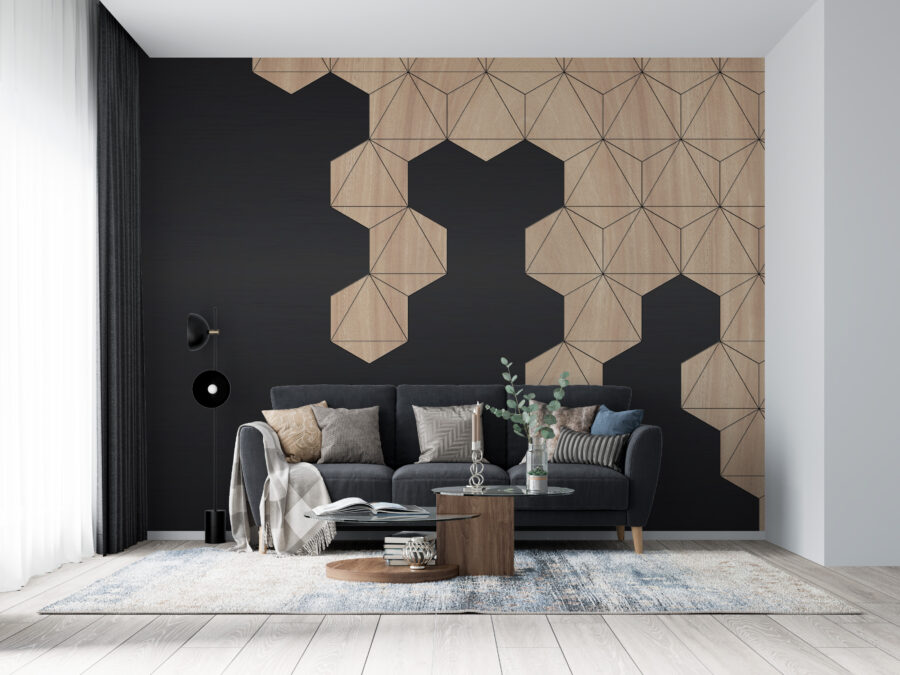 Pictură murală geometrică în negru și maro moale - motivul modern Honeycomb - imaginea principală a produsului