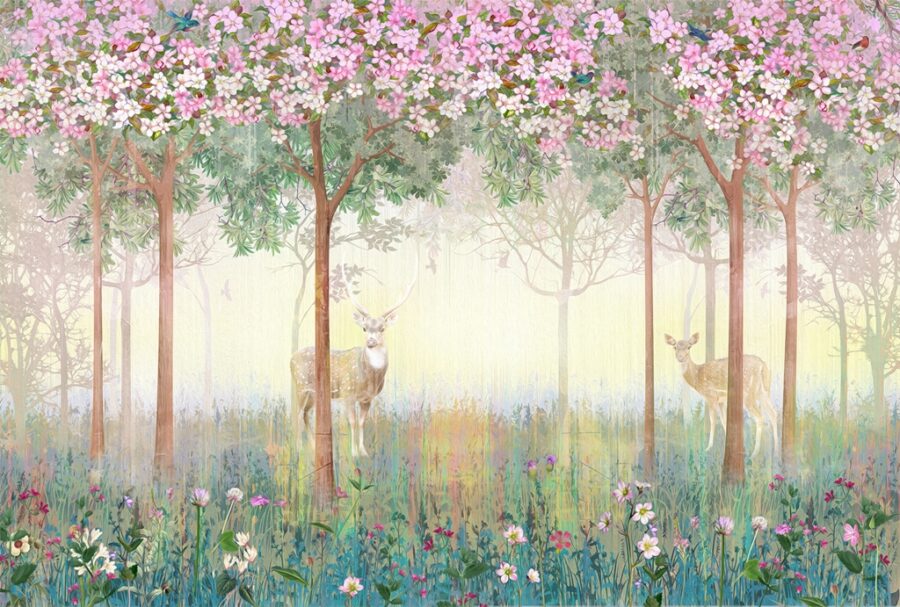 Perete mural plin de flori, realist, ideal pentru dormitor Deer in Pink Flowers - imaginea numărul 2