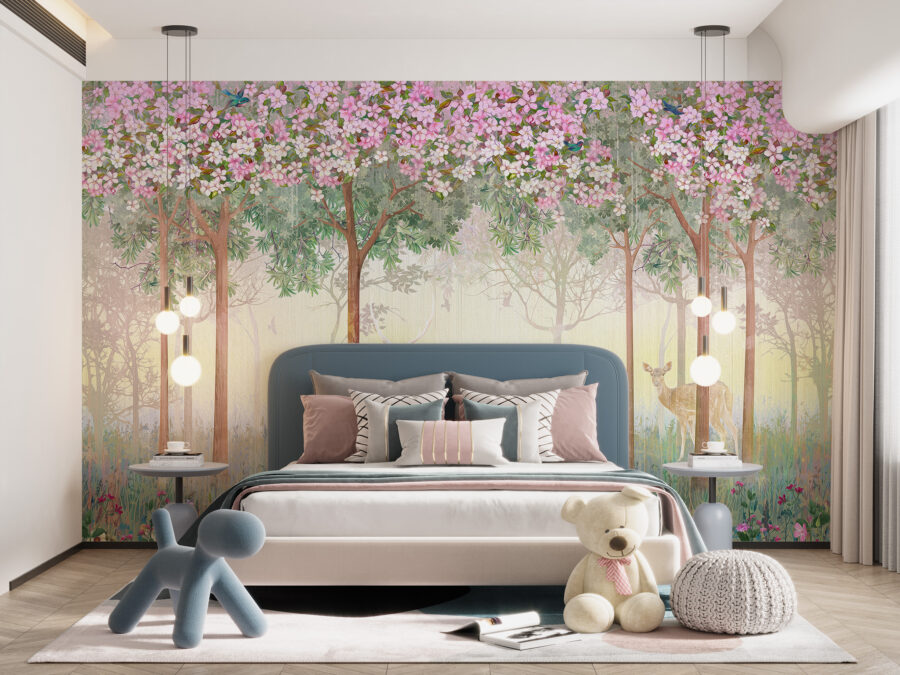 Wall mural plin de flori, realist, ideal pentru dormitor Cerb în flori roz - imaginea produsului principal