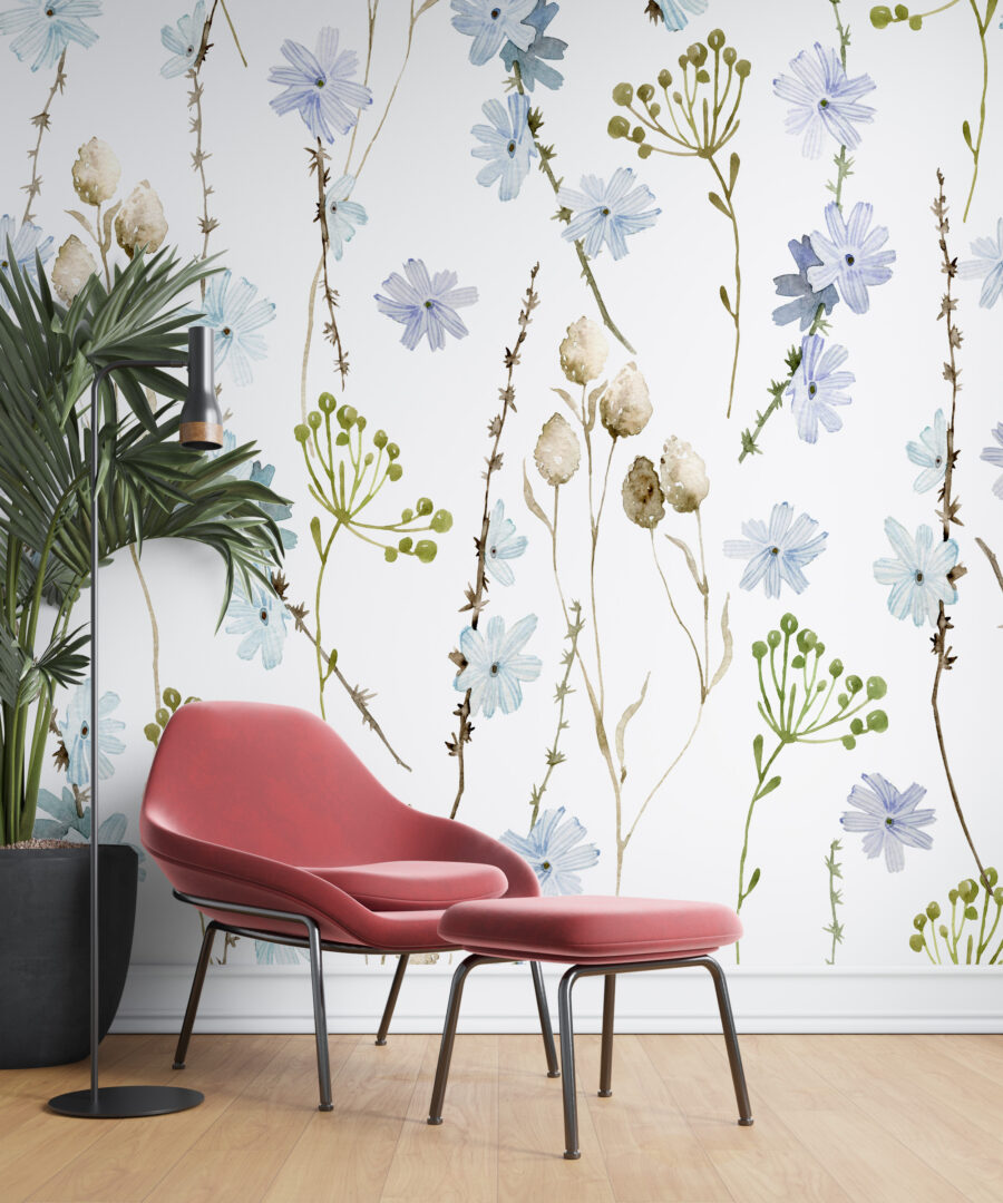 Wall mural cu motive florale delicate pe un fundal deschis Wall in Cornflowers - imaginea produsului principal