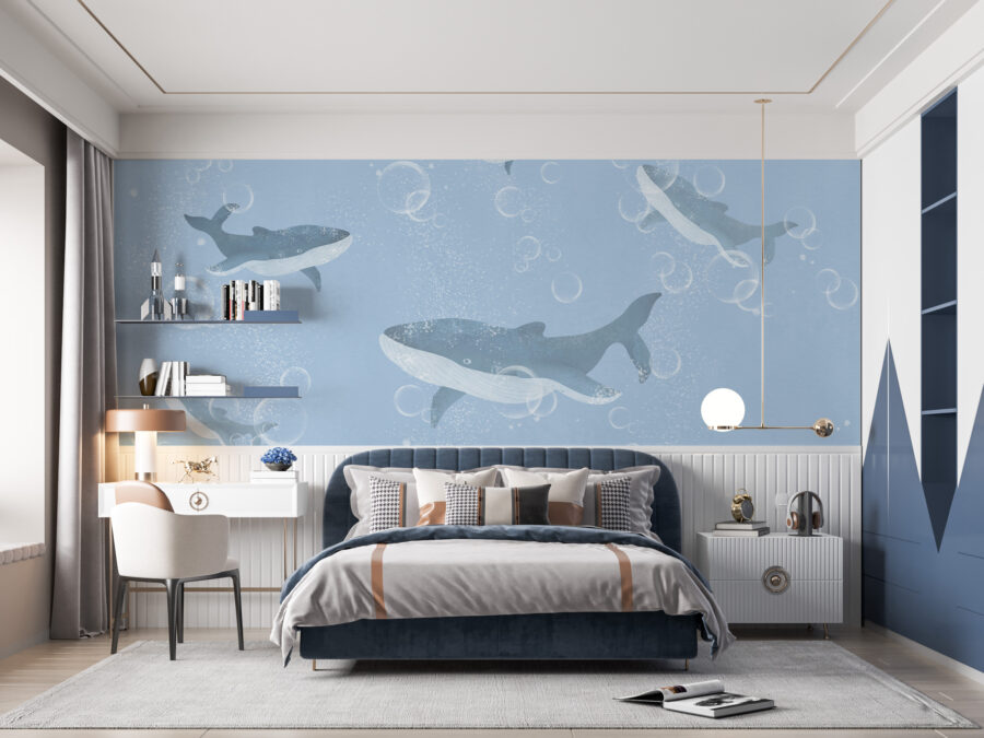 Mural în albastru relaxant, ideal pentru camera sau dormitorul copiilor Flock of Whales - imaginea principală a produsului