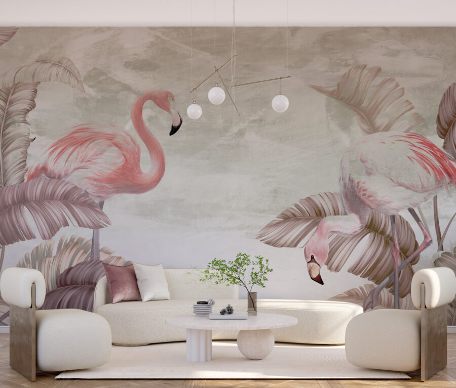 Pictură murală cu flamingo roz în fundițe, culori discrete pe perete Flamingo Dance - imaginea produsului principal