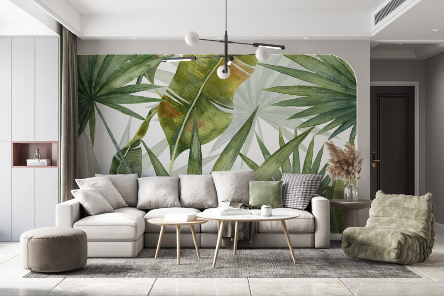 Mural în verde suculent care evocă plinătatea verii Tropical Leaves - imaginea principală a produsului