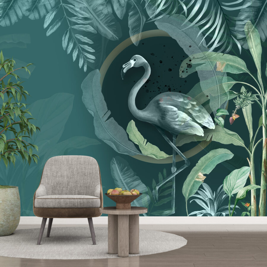 Pictură murală exotică în diferite nuanțe de verde, grafică modernă Flamingo verde - imaginea principală a produsului