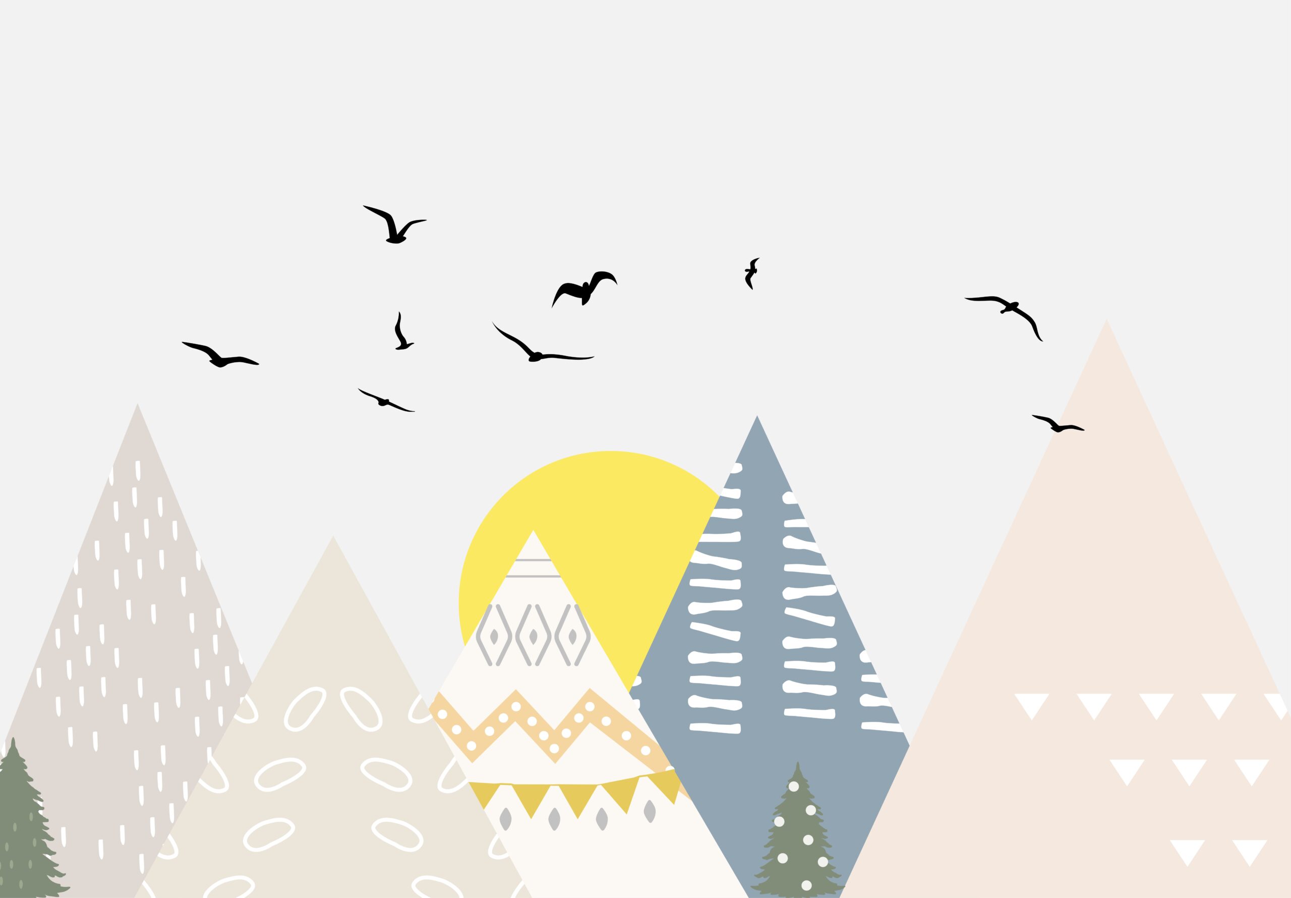 Ilustrație,simplă,cu,munți,soare,și,multe,păsări