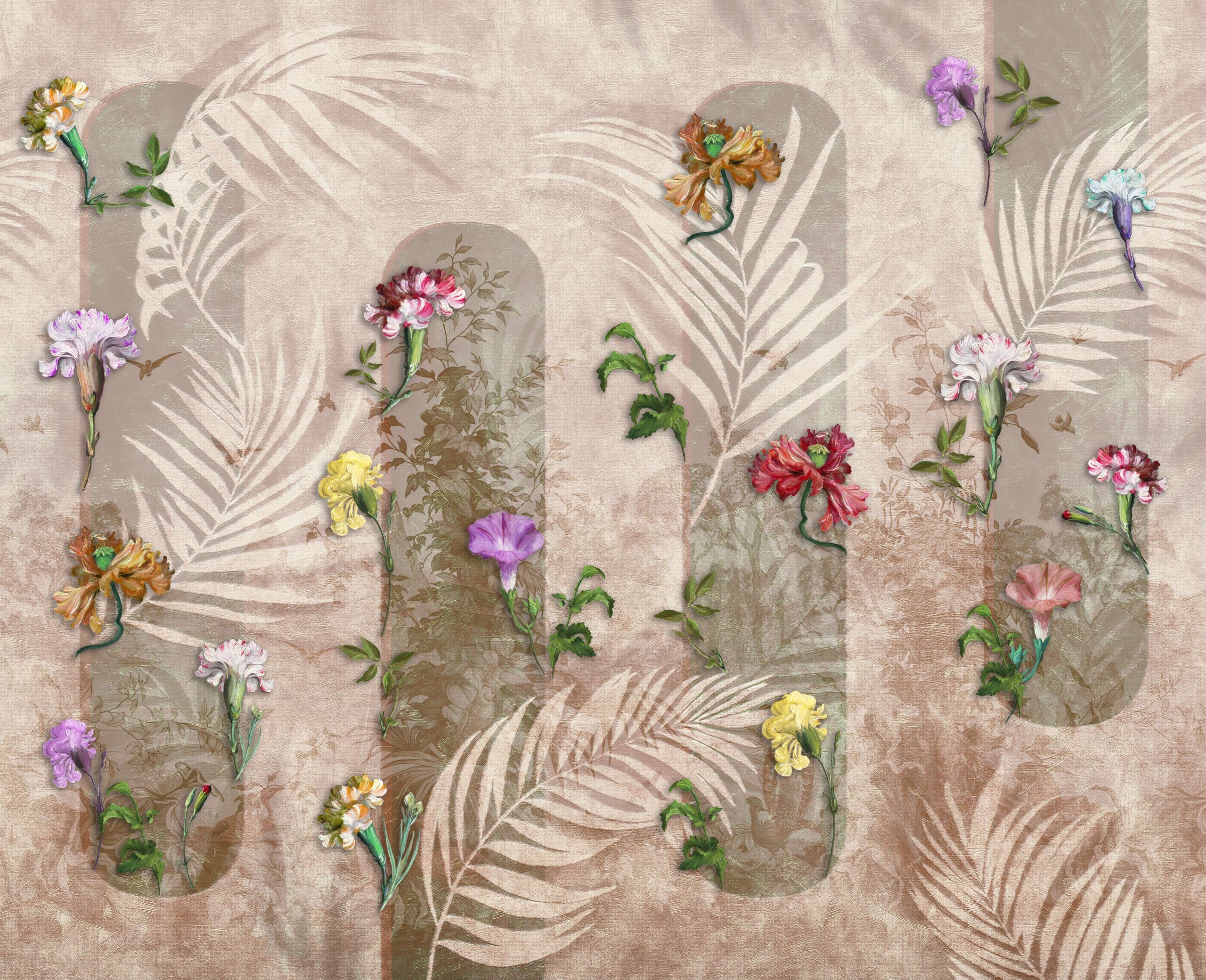 Diferite, culoare, fundal, cu, flori, și, frunze., Mural, Design, Arta.