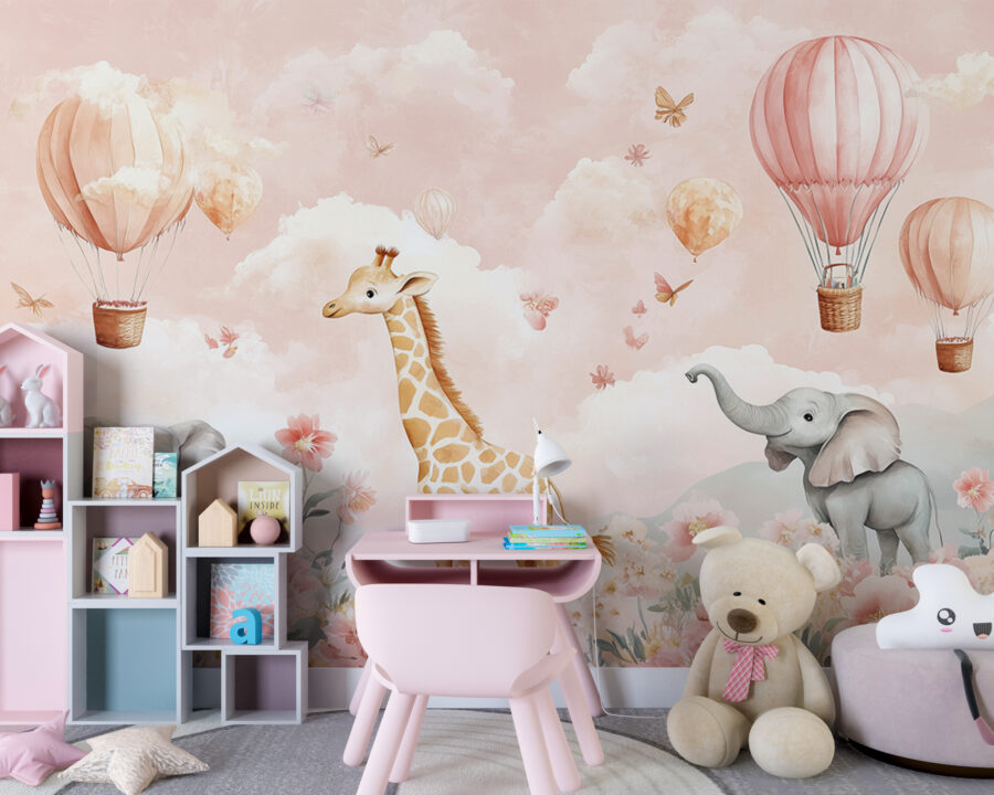 Mural cu girafe și elefanți printre flori