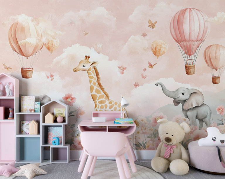 Fototapet Girafă și elefanți printre flori