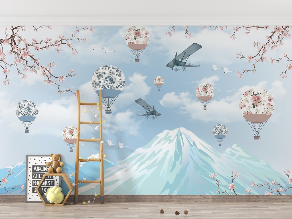 Mural cu baloane și avioane în țara florilor de cireș