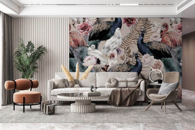 Fototapet Păsări colorate printre florile de trandafir