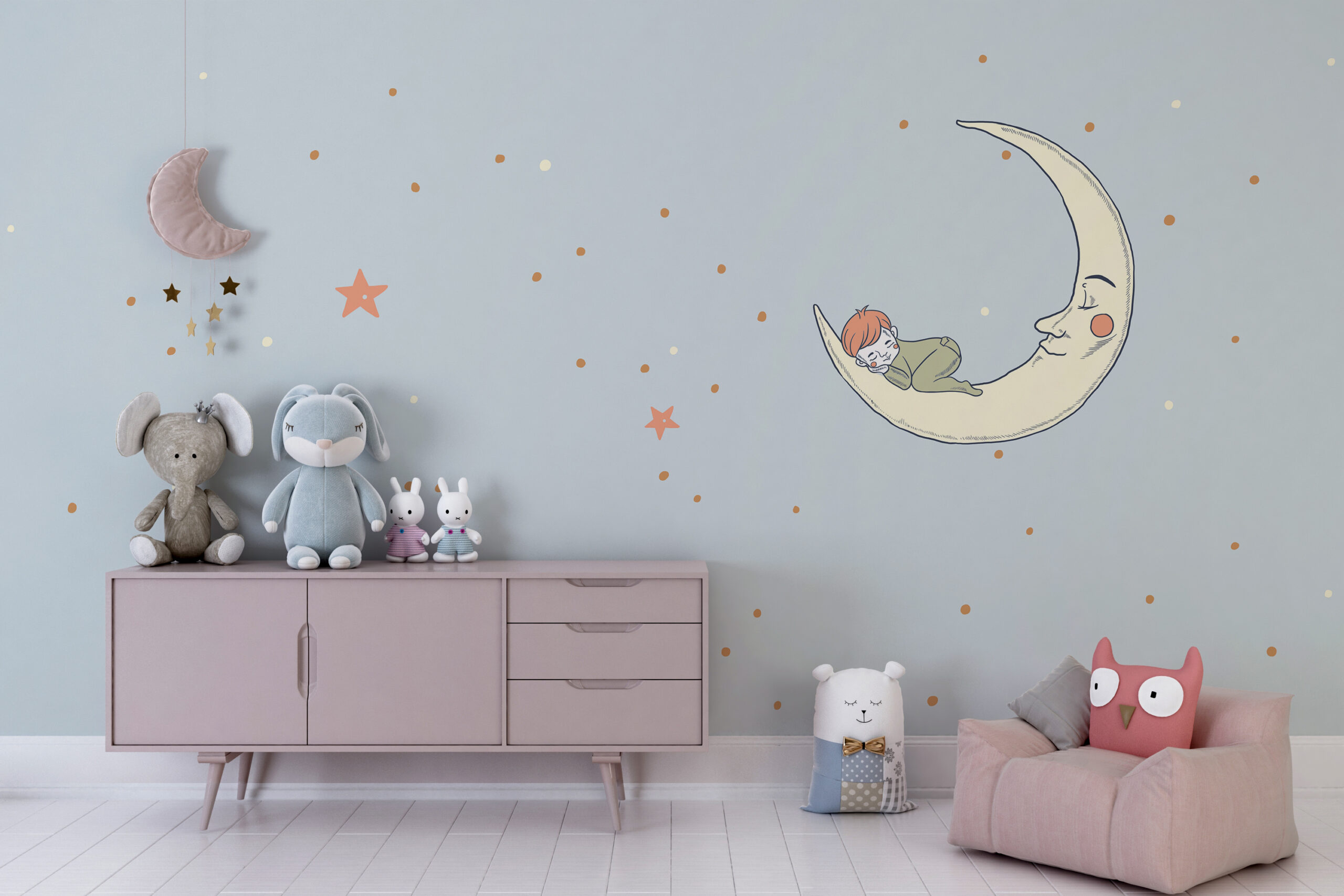 Mural băiat dormind pe lună