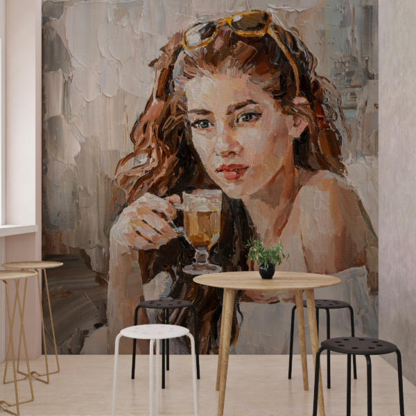 Mural de o fată care bea cafea