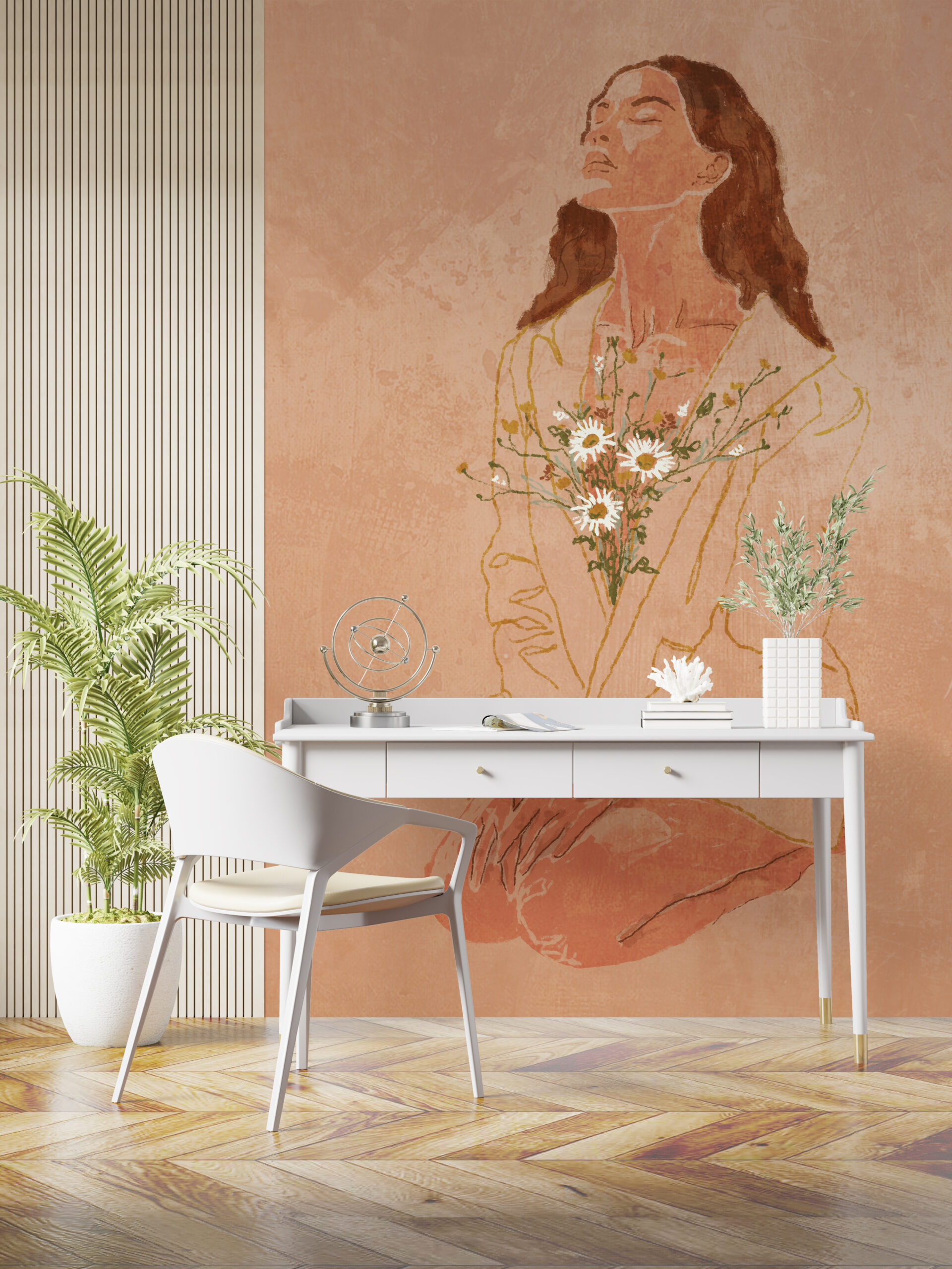Fata Mural cu un buchet de flori