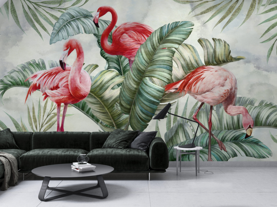 Tapet Flamingos în verde