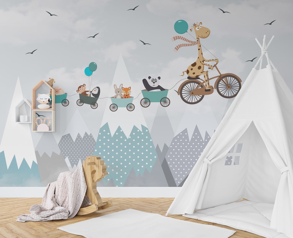 Muralul trenului de munte zburător pentru copii