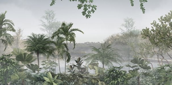 Pictură murală a unui lac într-o junglă tropicală