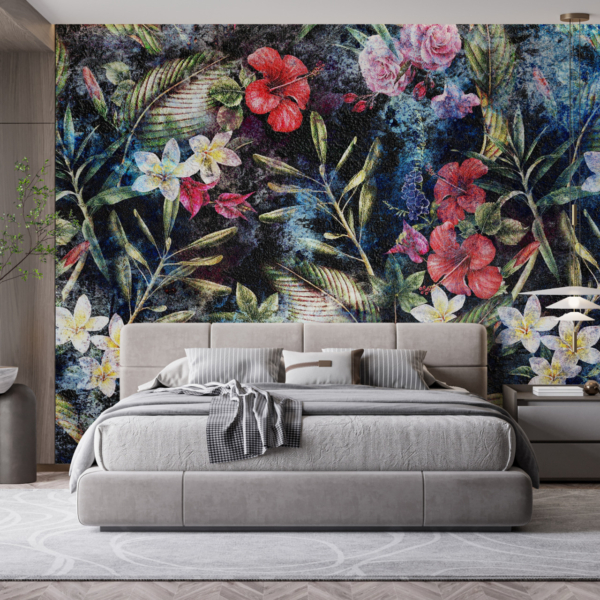 Mural de flori colorate pe un fundal întunecat