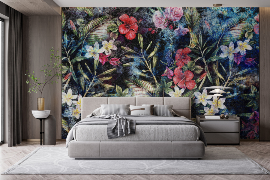 Mural de flori colorate pe un fundal întunecat
