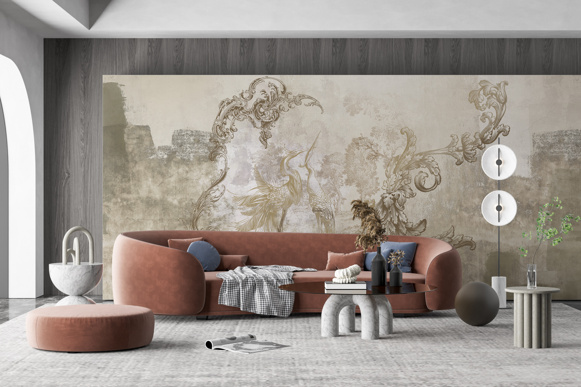 Pictura murală a unui motiv vegetal în sepia