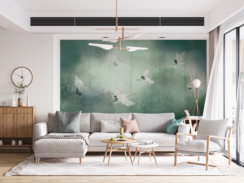 Pictură murală cu cocori cețoși în zbor