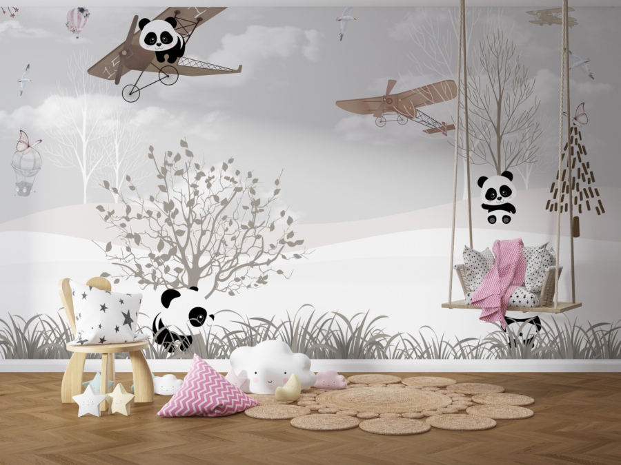 Mural de un Panda într-un avion pentru copii