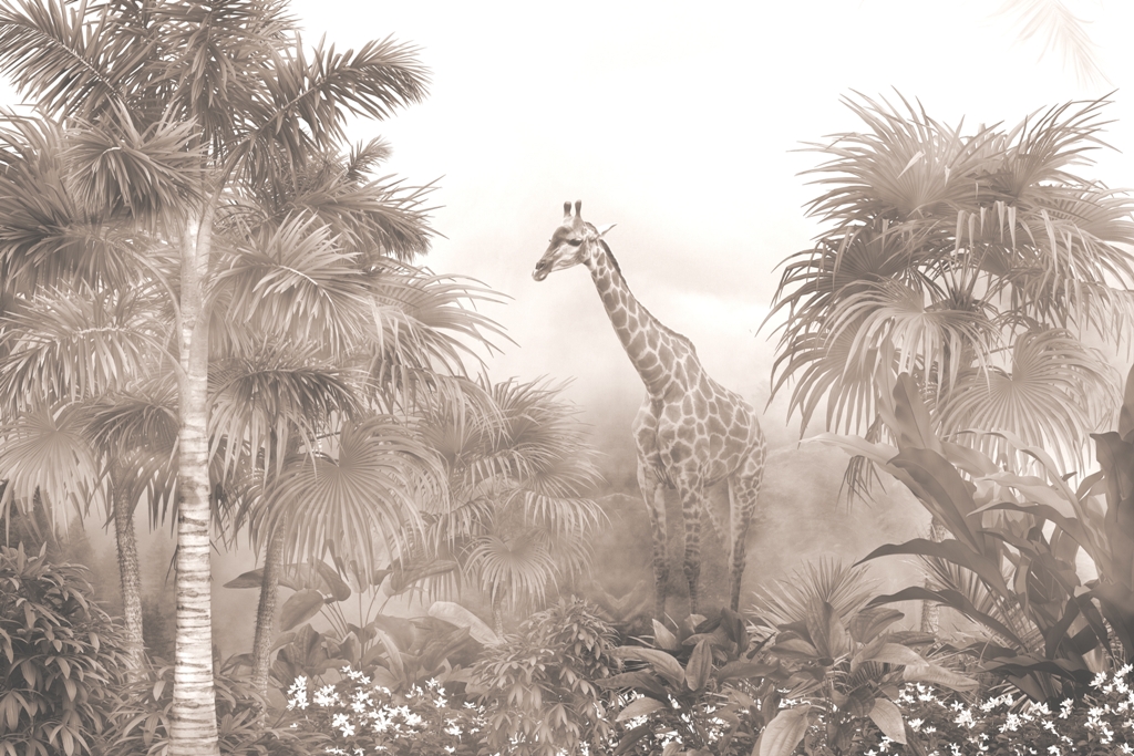 tropical trees and leaves in foggy forest wallpaper design - 3D illustration