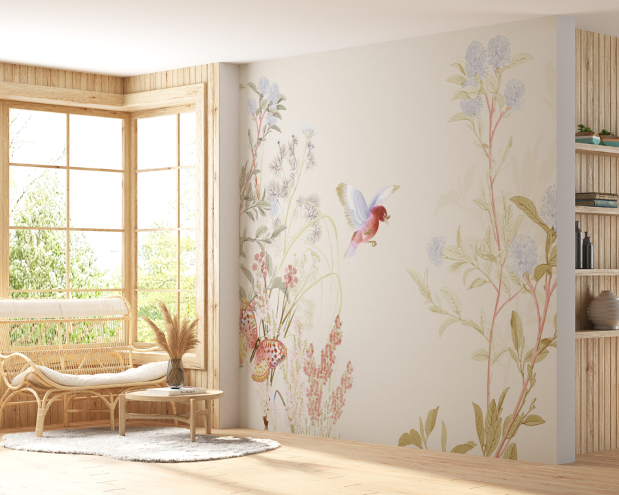 Mural Pasăre și fluture printre flori