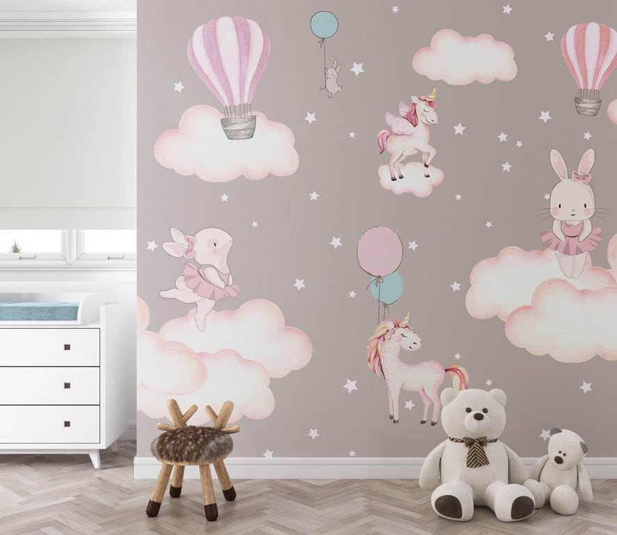 Mural iepurași roz și unicorni