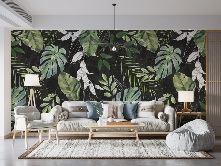 Mural frunze tropicale pe un fundal negru