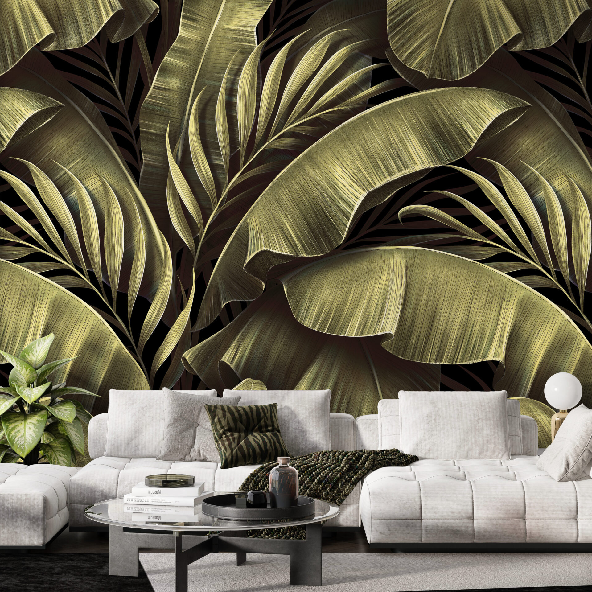 Mural verde cu frunze tropicale