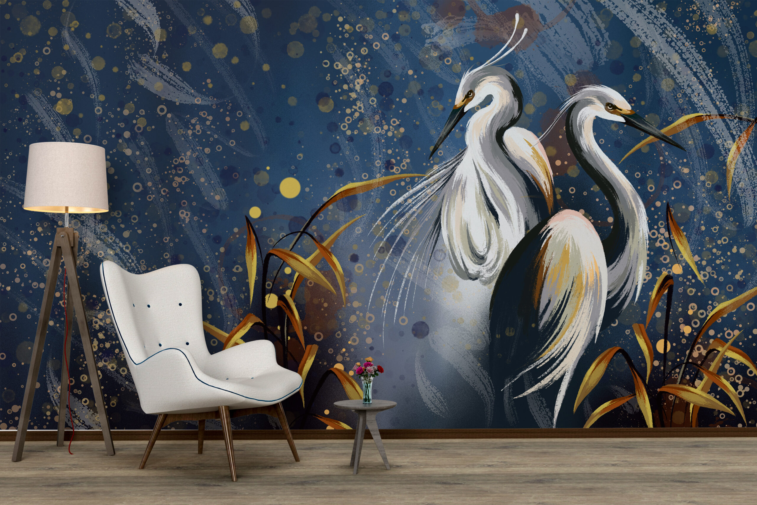 Wallpaper Cranes pe un fundal albastru marin