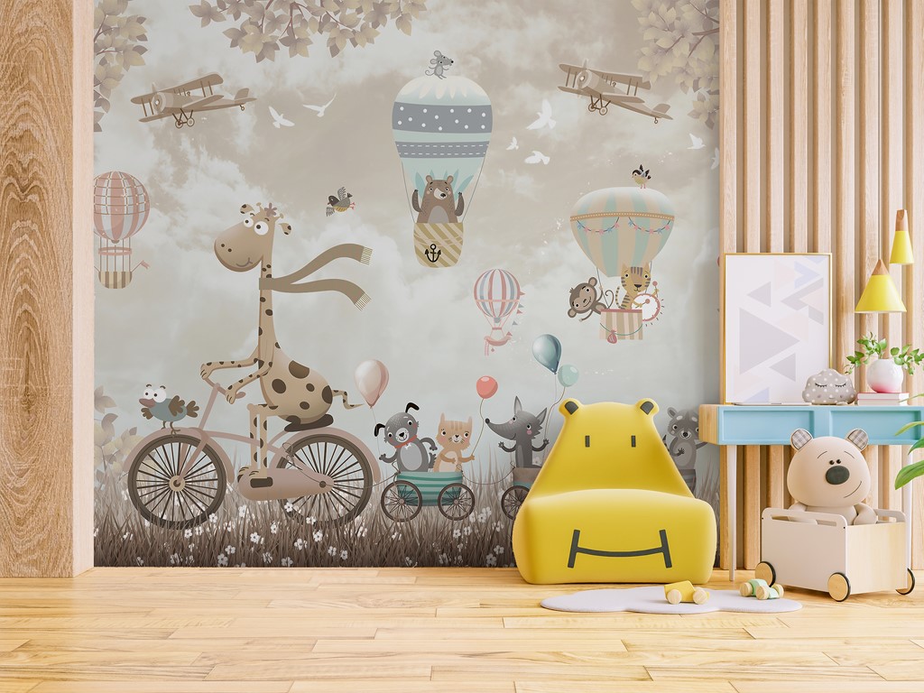 Mural cu o girafă pe bicicletă pentru copii