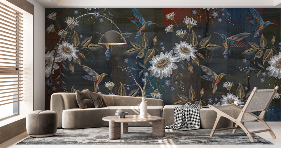 Mural flori albe și colibri