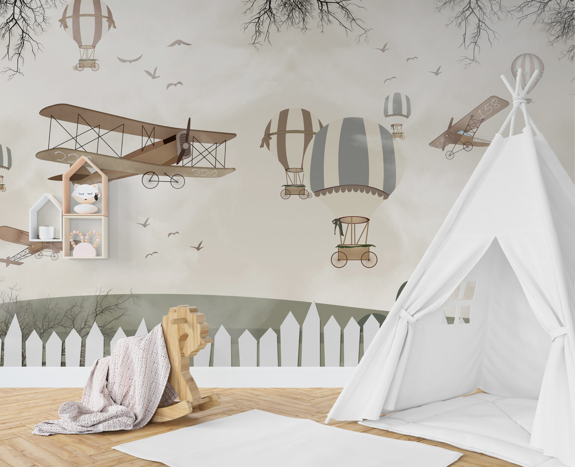 Pictură murală cu baloane colorate și avioane pe cer