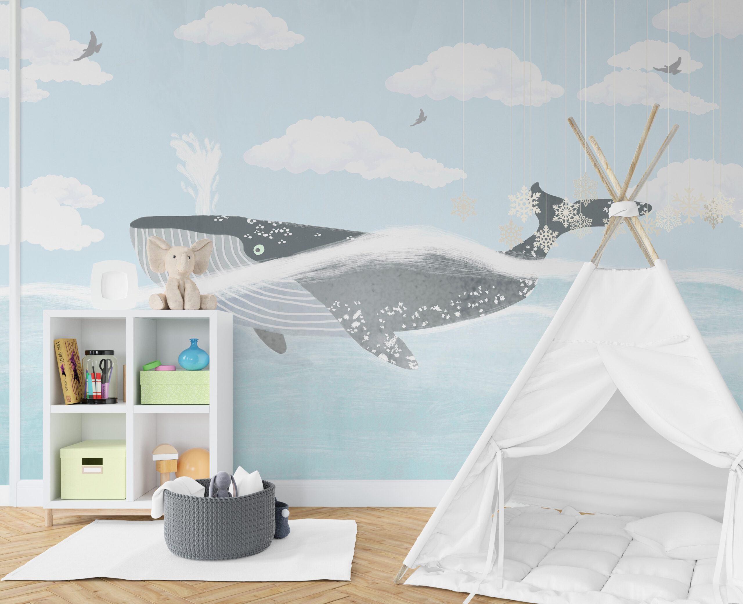 Mural cu o balenă în albastru