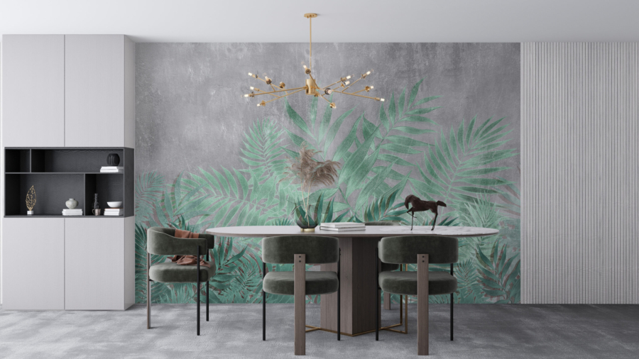 Mural frunze tropicale în gri