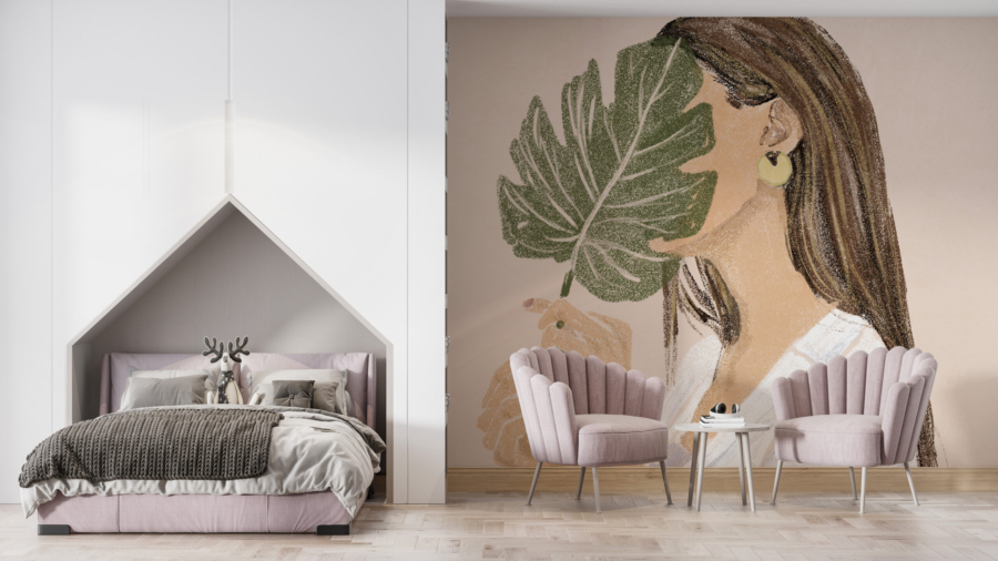 Mural cu o femeie și o frunză de Monstera
