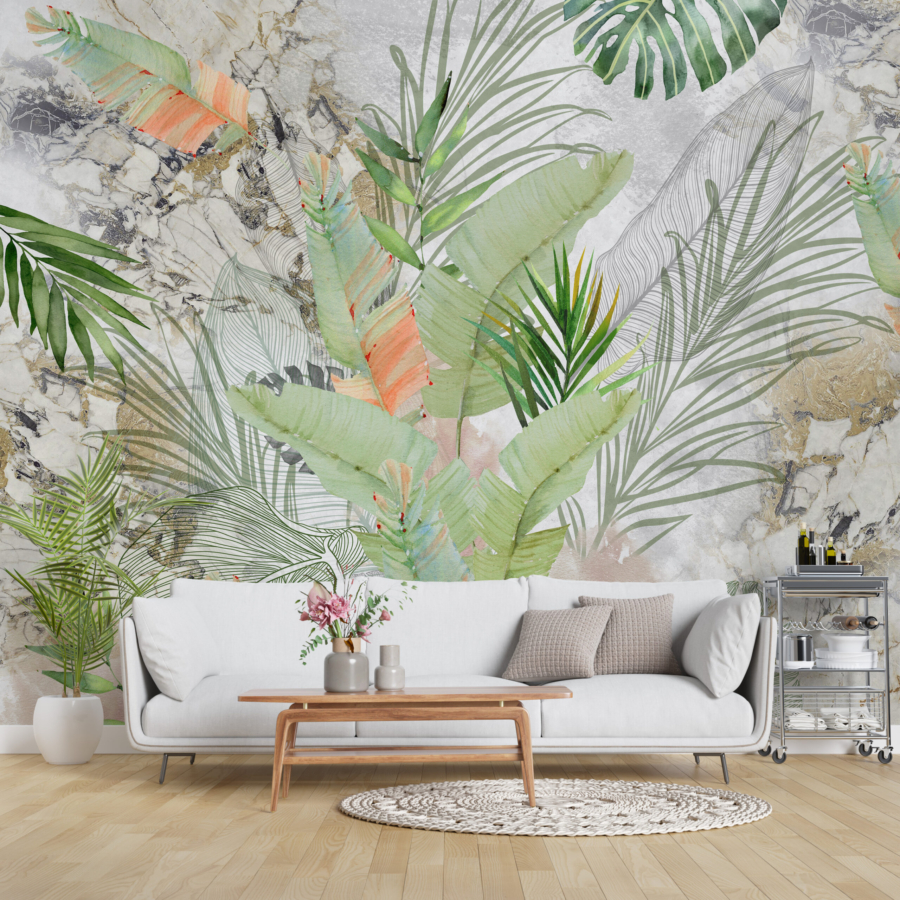 Mural frunze tropicale în marmură