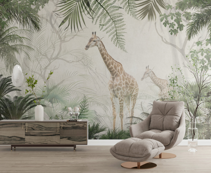 Mural cu girafe în junglă