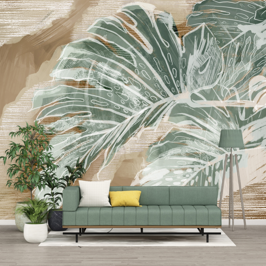 Mural Monstera Leaf în bej
